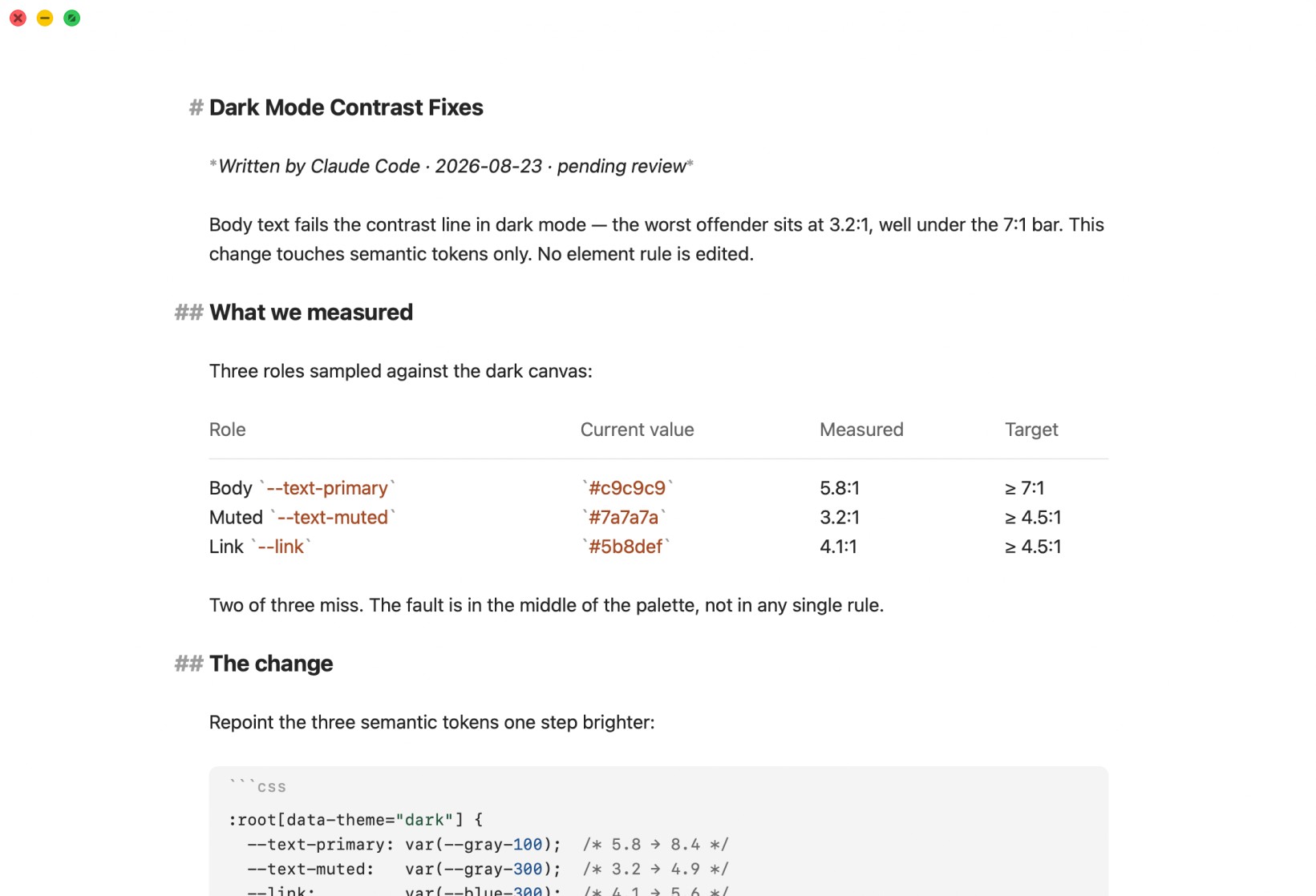 heedit in editing mode: two documents side by side, with Markdown marks standing quietly to the left of each heading.